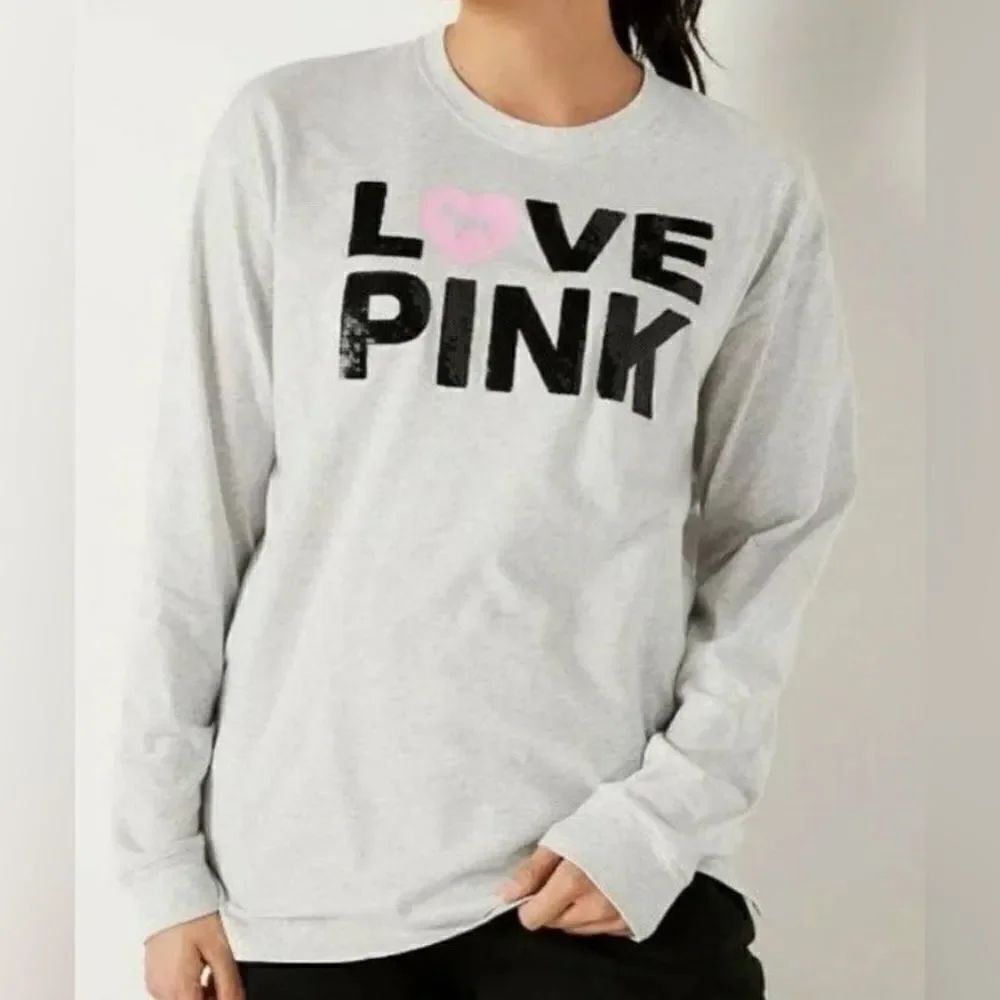 Victoria’s Secret Pink Originals bling sequins campus tee shirt long sleeve Gray